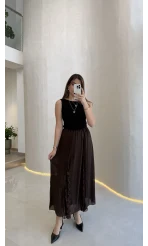 Finesse Astralı Dantel Detay Şifon Etek - Kahverengi - Kod: 3371