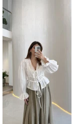 Felicity Balon Kol Beli Büzgü Bağlamalı Gömlek - Ekru - Kod: 01625