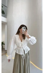 Felicity Balon Kol Beli Büzgü Bağlamalı Gömlek - Ekru - Kod: 01625