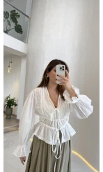 Felicity Balon Kol Beli Büzgü Bağlamalı Gömlek - Ekru - Kod: 01625