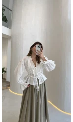 Felicity Balon Kol Beli Büzgü Bağlamalı Gömlek - Ekru - Kod: 01625