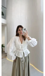 Felicity Balon Kol Beli Büzgü Bağlamalı Gömlek - Ekru - Kod: 01625