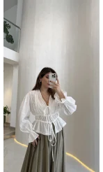 Felicity Balon Kol Beli Büzgü Bağlamalı Gömlek - Ekru - Kod: 01625