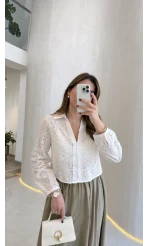 V Yaka Brode Detay Gömlek - Ekru - Kod: 2250