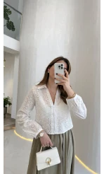 V Yaka Brode Detay Gömlek - Ekru - Kod: 2250