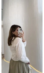 V Yaka Brode Detay Gömlek - Ekru - Kod: 2250