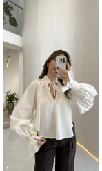 Soleil Bilek Detay Balon Kol Bluz - Beyaz - Kod: 112254