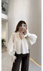 Soleil Bilek Detay Balon Kol Bluz - Beyaz - Kod: 112254