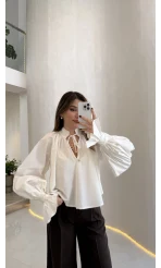 Soleil Bilek Detay Balon Kol Bluz - Beyaz - Kod: 112254