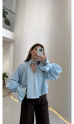 Soleil Bilek Detay Balon Kol Bluz - Mavi - Kod: 112254