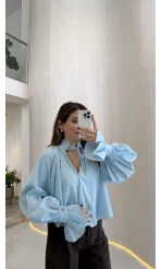 Soleil Bilek Detay Balon Kol Bluz - Mavi - Kod: 112254