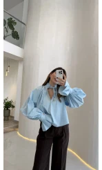 Soleil Bilek Detay Balon Kol Bluz - Mavi - Kod: 112254