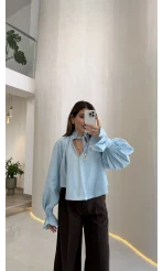 Soleil Bilek Detay Balon Kol Bluz - Mavi - Kod: 112254