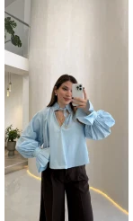 Soleil Bilek Detay Balon Kol Bluz - Mavi - Kod: 112254