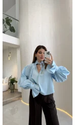 Soleil Bilek Detay Balon Kol Bluz - Mavi - Kod: 112254