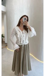 Harmony Fırfırlı Bağlamalı Dantel Bluz - Ekru - Kod: 1068