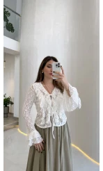 Harmony Fırfırlı Bağlamalı Dantel Bluz - Ekru - Kod: 1068