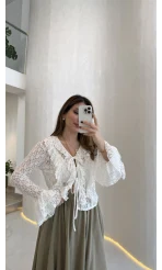 Harmony Fırfırlı Bağlamalı Dantel Bluz - Ekru - Kod: 1068