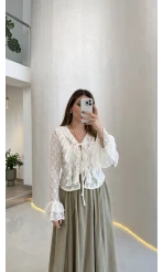 Harmony Fırfırlı Bağlamalı Dantel Bluz - Ekru - Kod: 1068