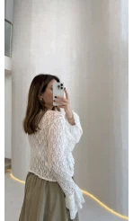 Harmony Fırfırlı Bağlamalı Dantel Bluz - Ekru - Kod: 1068