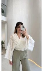 Nila Bağlamalı Püsküllü Kimono - Ekru - Kod: 7048