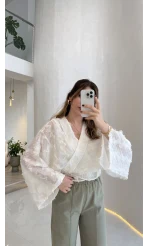 Nila Bağlamalı Püsküllü Kimono - Ekru - Kod: 7048