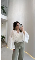 Nila Bağlamalı Püsküllü Kimono - Ekru - Kod: 7048