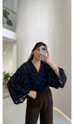 Nila Bağlamalı Püsküllü Kimono - Lacivert - Kod: 7048