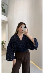 Nila Bağlamalı Püsküllü Kimono - Lacivert - Kod: 7048