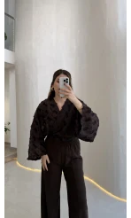 Nila Bağlamalı Püsküllü Kimono - Acı Kahve - Kod: 7048