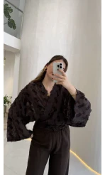 Nila Bağlamalı Püsküllü Kimono - Acı Kahve - Kod: 7048