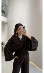 Nila Bağlamalı Püsküllü Kimono - Acı Kahve - Kod: 7048