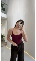 Uzun Göğüs Pedli İnce Askılı Body - Bordo