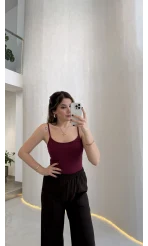 Uzun Göğüs Pedli İnce Askılı Body - Bordo