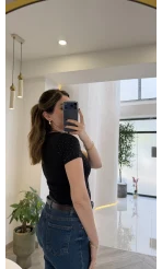 İskelet Yaka Yarım Kol Taşlı Bluz - Siyah - Kod: 1598