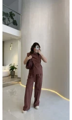 Access Kuşaklı Dik Yaka Sıfır Kol Vatkalı Takım - Kiremit - Kod: 8965