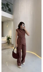 Access Kuşaklı Dik Yaka Sıfır Kol Vatkalı Takım - Kiremit - Kod: 8965