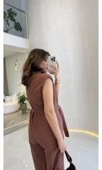 Access Kuşaklı Dik Yaka Sıfır Kol Vatkalı Takım - Kiremit - Kod: 8965