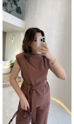 Access Kuşaklı Dik Yaka Sıfır Kol Vatkalı Takım - Kiremit - Kod: 8965