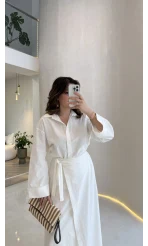 Elegant Yandan Bağlamalı Etek Gömlek Takım - Beyaz - Kod: 8973