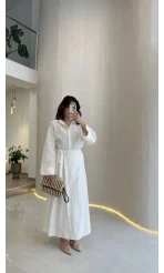 Elegant Yandan Bağlamalı Etek Gömlek Takım - Beyaz - Kod: 8973