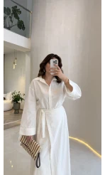 Elegant Yandan Bağlamalı Etek Gömlek Takım - Beyaz - Kod: 8973