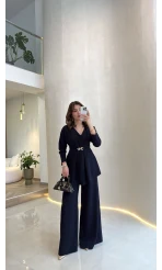 Beli Toka Detaylı Bluz Pantolon Takım - Lacivert - Kod: 9399