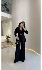 Beli Toka Detaylı Bluz Pantolon Takım - Lacivert - Kod: 9399