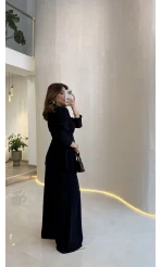 Beli Toka Detaylı Bluz Pantolon Takım - Lacivert - Kod: 9399