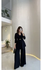 Beli Toka Detaylı Bluz Pantolon Takım - Lacivert - Kod: 9399