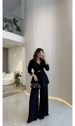 Beli Toka Detaylı Bluz Pantolon Takım - Lacivert - Kod: 9399