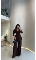 Beli Toka Detaylı Bluz Pantolon Takım - Kahverengi - Kod: 9399
