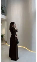 Beli Toka Detaylı Bluz Pantolon Takım - Kahverengi - Kod: 9399