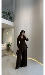 Beli Toka Detaylı Bluz Pantolon Takım - Kahverengi - Kod: 9399